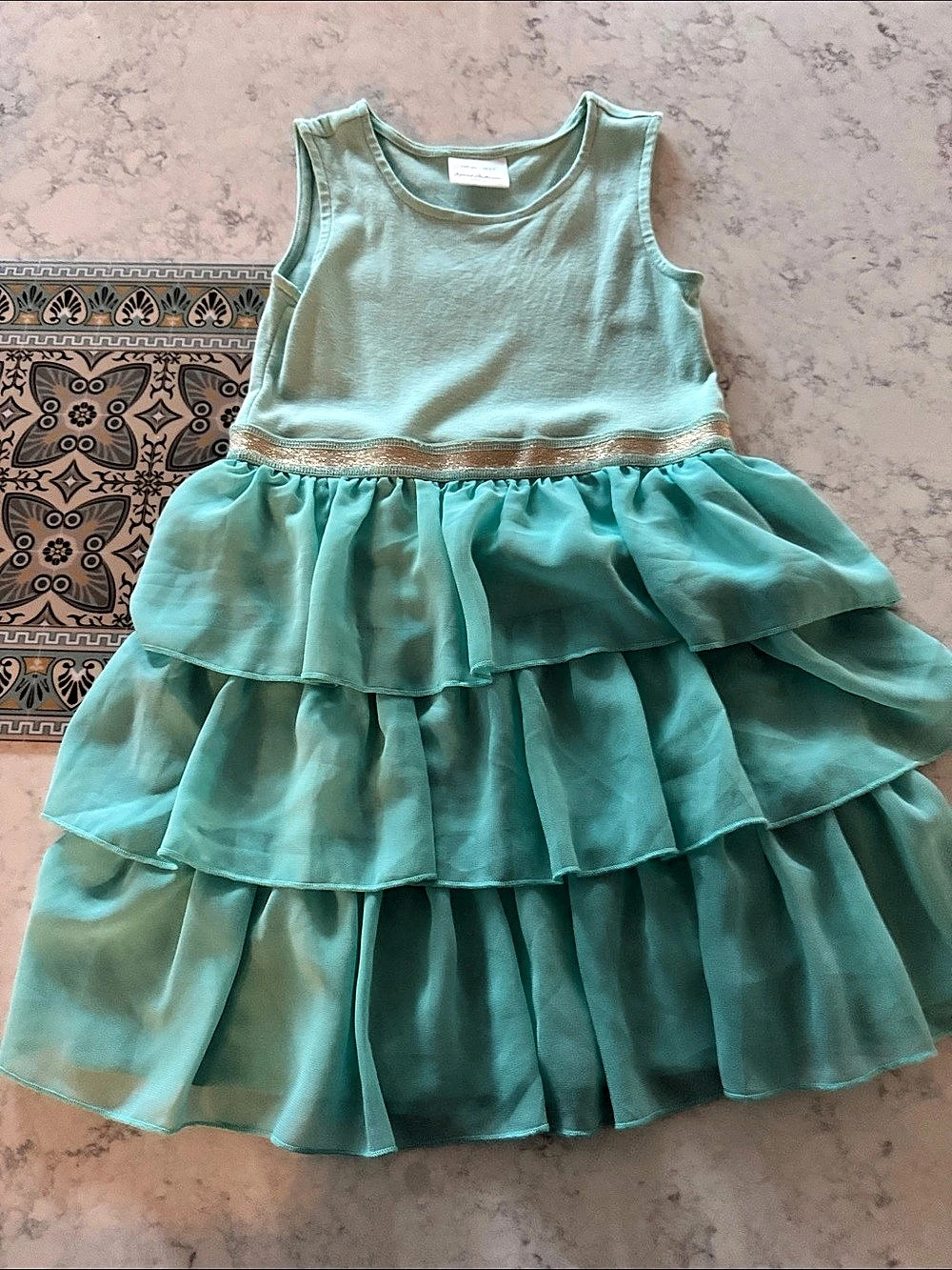 Hanna Andersson Girls US 6-7 Tiered Ruffle Dress in Blue-Green